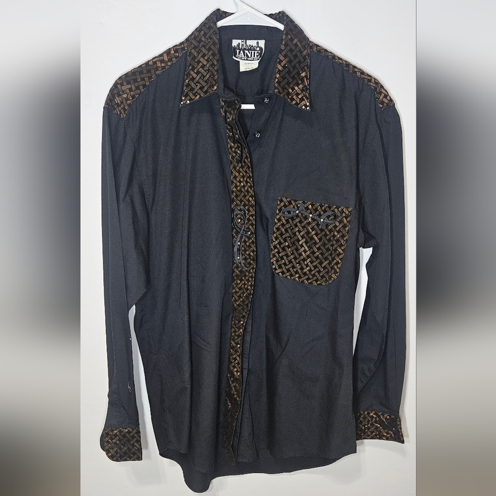Lanie New York Black Sparkle Womens Button Down Vintage Made In Usa Medium B8